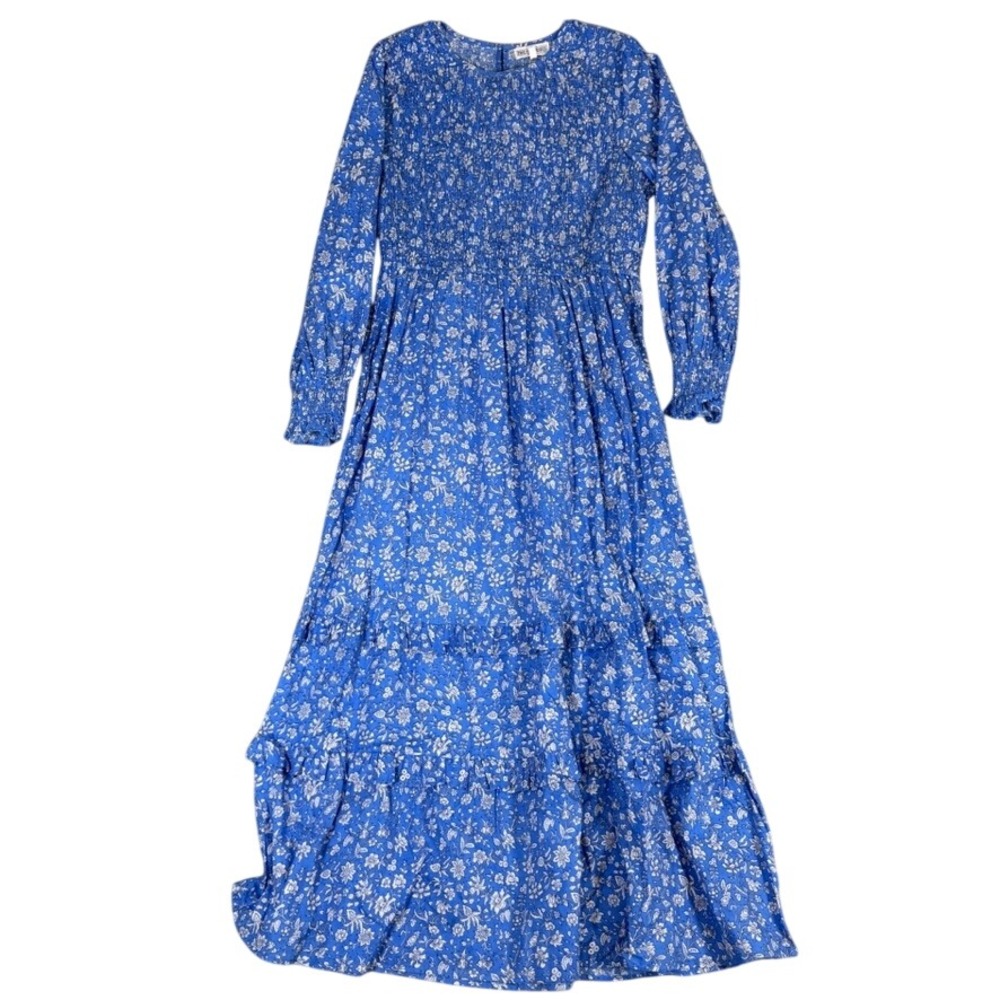 Pink City Prints Blue Floral Smocked Maxi Dress Long Sleeve Tiered Cotton Medium